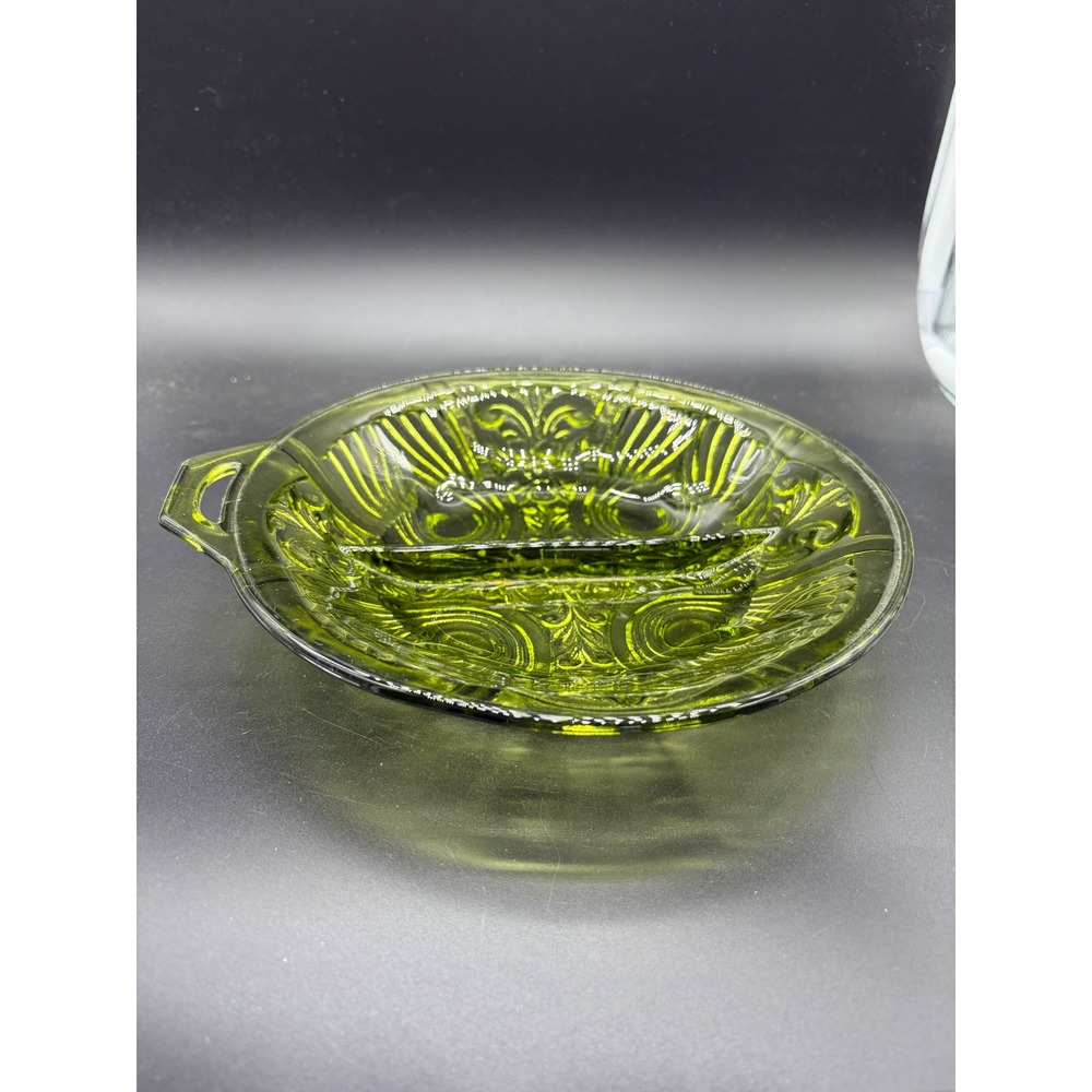 Vintage Indiana Green Glass Relish Divided Candy Dish Round Footed With Handle